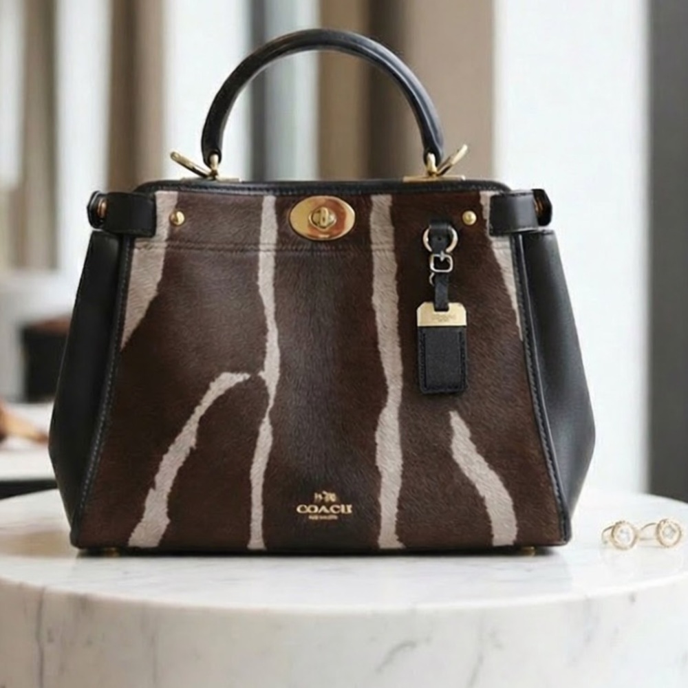 Coach Brown Zebra-Print Leather Top-Handle Bag